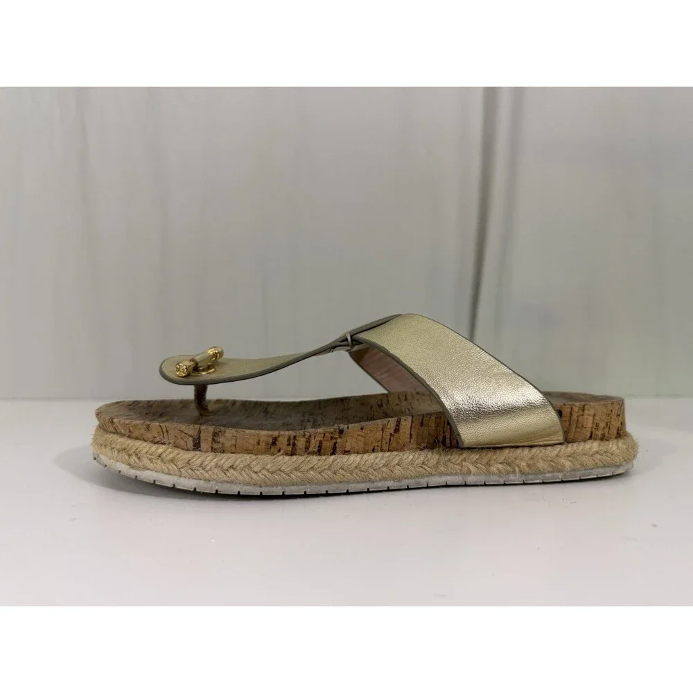 Tory Burch Metallic Gold Cork Thong Sandals Espadrille Jute Wrap Sz 7 Resortwear